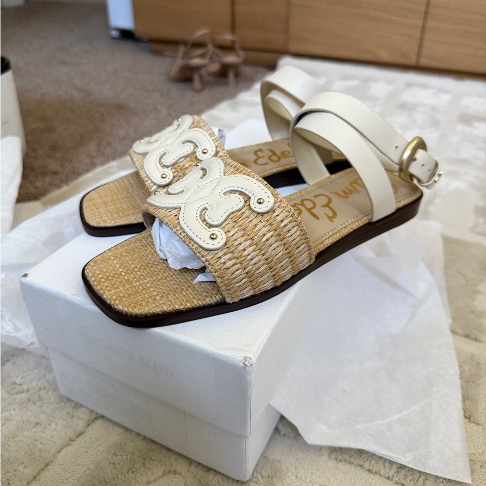 Sam Edelman Ilsie Ankle Strap Raffia Woven Sandals Ivory